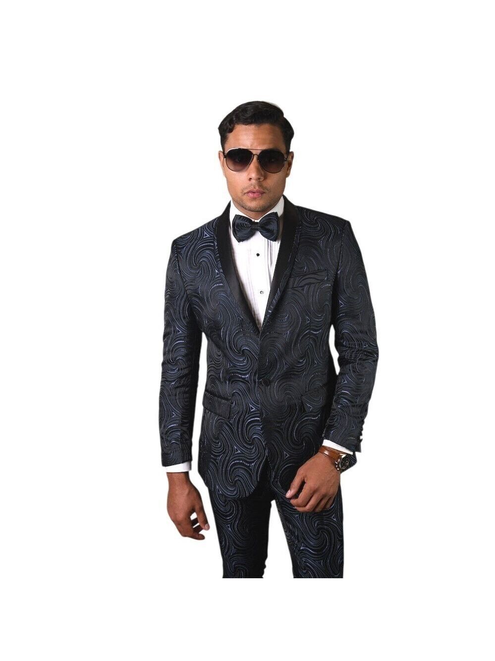 Statement Italy Tailored Fit Navy Swirl 2 Piece Tuxedo Sz 50L 40x31 NWOT